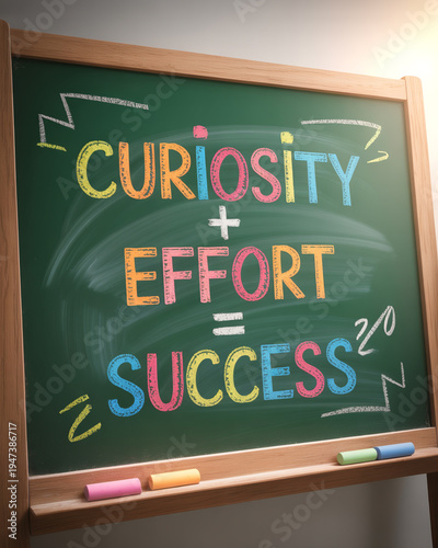 Bright Colorful Chalk Writing Curiosity Plus Effort Equals Success on Green  Chalkboard. Motivational Educational Quote and Success Formula Concept