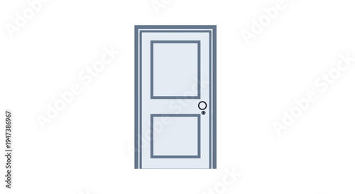 A light grey two-paneled door with a circular doorknob and darker trim stands vertically on a white background.
