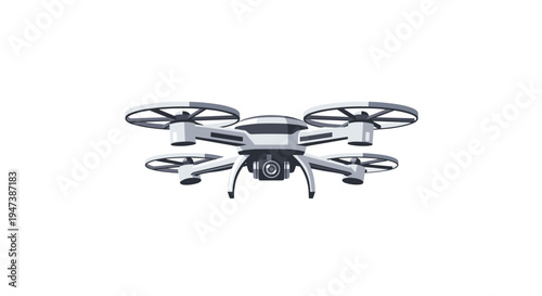 A sleek white drone with four propellers and a central camera is hovering in an upward-angled perspective on a clean white background.