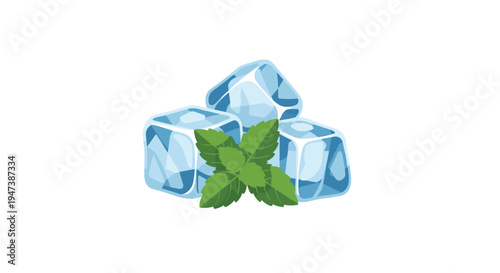 A refreshing illustration showcases three translucent blue ice cubes arranged closely with a vibrant sprig of green mint leaves, all set against a clean white background.