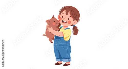 A smiling young girl with brown pigtails, wearing blue denim overalls and a yellow shirt, happily holds a small brown piglet.