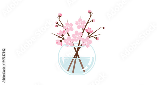 A round glass vase with a light blue water tint holds several brown-stemmed branches adorned with delicate pink cherry blossoms on a clean white background.