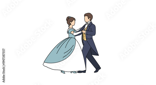 A man in a blue tuxedo and a woman in a blue and white ball gown are gracefully dancing together on a pristine white background.