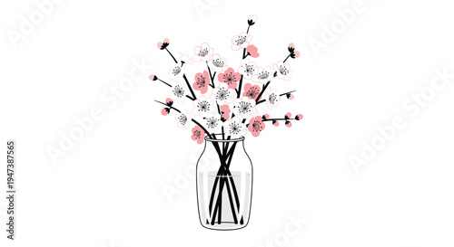 A clear glass vase holds several black-stemmed branches adorned with delicate white and pink cherry blossoms on a clean white background.