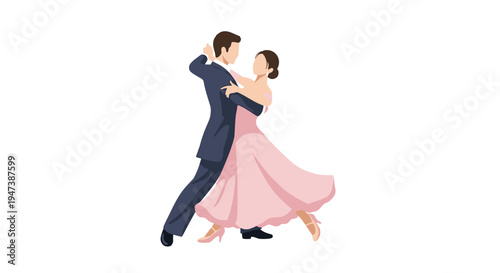 A man in a dark blue suit and a woman in a pink ballroom gown dance together in a classic pose on a clean white background.