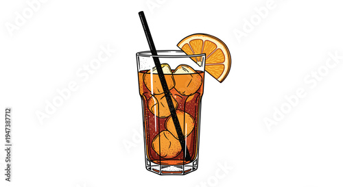 A tall faceted glass holds dark amber iced tea, ice cubes, a black straw, and an orange slice on a clean white background.