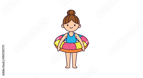 A smiling cartoon girl with brown hair in a bun wears a blue swimsuit and a colorful inflatable swim ring on a plain white background.