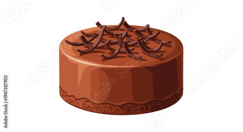 A round dark brown chocolate cake with a glossy surface and textured sides is topped with delicate chocolate shavings.