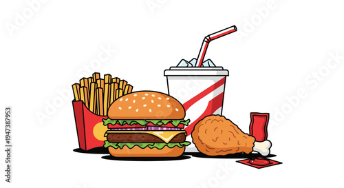 A delicious fast-food meal with a cheeseburger, french fries, soda, and a fried chicken drumstick is arranged on a plain white background.