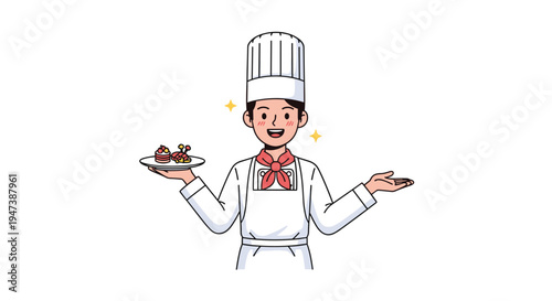 A happy male chef in a white uniform and toque holds a plate of small desserts while making a welcoming gesture.