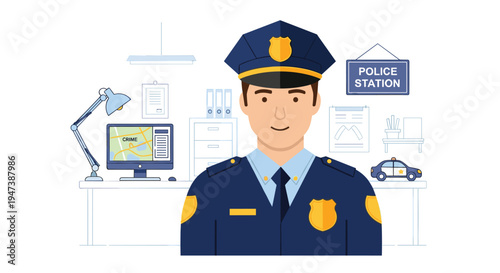 A friendly male police officer in a dark blue uniform smiles confidently while standing in a brightly lit police station office.