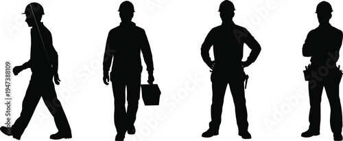 Construction worker silhouettes walking and standing with toolbox and tools, professional builders at jobsite, manual labor industry workforce vector illustration