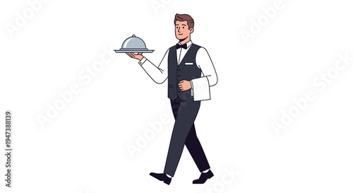 A male waiter, dressed in a black waistcoat and bow tie, confidently walks while holding a silver cloche-covered tray and a white napkin on a white background.