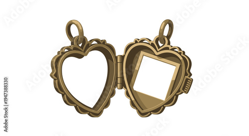 An antique bronze-colored heart-shaped locket is displayed wide open, revealing an empty photo compartment against a white background.