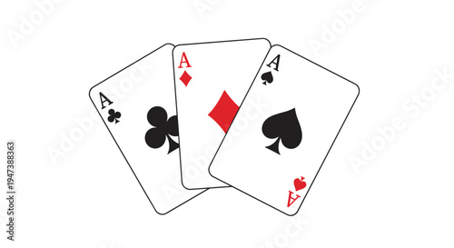 Three white playing cards, specifically aces of clubs, diamonds, and spades, are fanned out against a clean white background.
