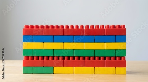 Top view of a colorful pile of plastic building blocks and geometric shapes on a light wooden table