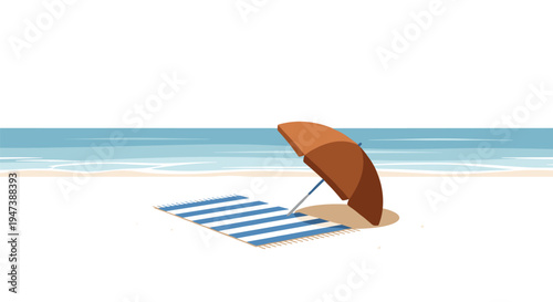 A brown beach umbrella stands open on a white sandy beach with a blue and white striped towel laid out near the calm ocean waves.