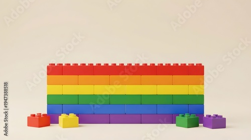 Top view of a colorful pile of plastic building blocks and geometric shapes on a light wooden table