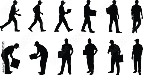 Delivery worker silhouettes set, courier carrying packages, boxes and laptop in walking, standing and lifting poses, logistics shipping service vector illustration