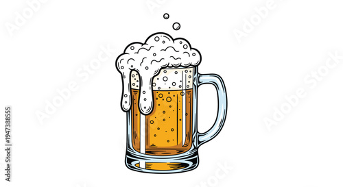 A clear glass mug, filled with golden amber beer and topped with an overflowing, frothy white foam, is depicted against a clean white background.