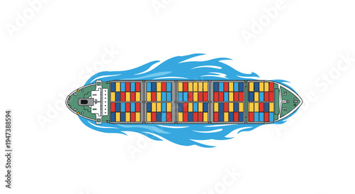 An illustrated cargo ship, filled with rows of red, blue, and yellow containers, is depicted from an aerial perspective surrounded by blue waves on a white backdrop.