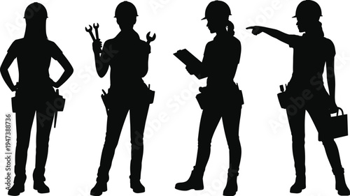 Female construction worker silhouettes set, women builders with helmets, wrench, clipboard and toolbox in confident standing poses, industrial labor vector illustration
