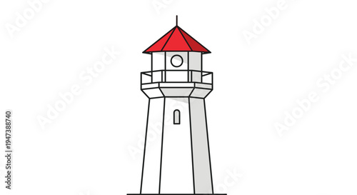A minimalist illustration features a tall, white lighthouse with a red conical roof and a single circular window against a plain white background.