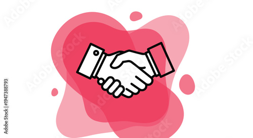 A black outline illustration features two hands shaking firmly against a white background with several abstract pink and red organic shapes.