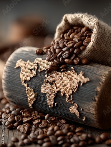Global coffee price increase concept with roasted beans pouring from sack onto map background and rising stock market graph in professional studio lighting