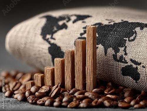 Roasted coffee beans scattered across detailed world map with upward trend line illustrating global coffee market growth, supply chain impact and export economics concept