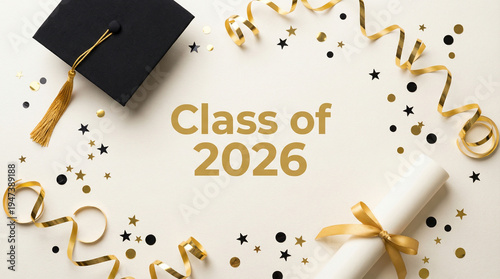 Flat lay of graduation cap and diploma with gold confetti. Horizontal photo of Class of 2026 celebration background with copy space