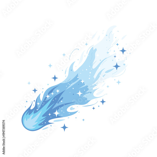 Light blue comet shooting star with icy flame tail magical space illustration
