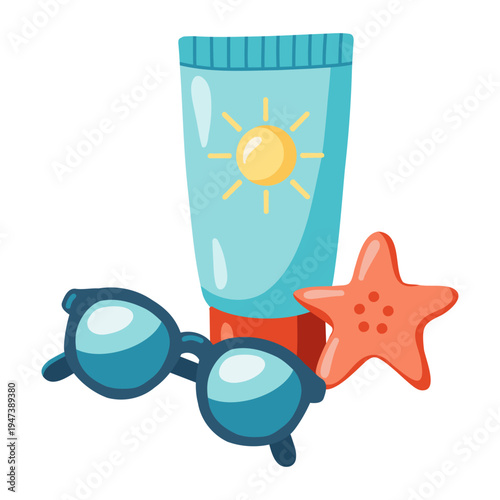 Sunscreen tube, sunglasses and starfish. Summer beach clipart. Vector illustration on white background