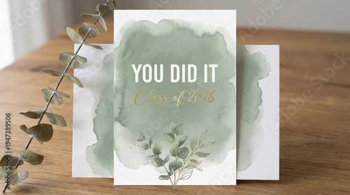 Graduation greeting card with green watercolor wash and Class of 2026 text. Elegant invitation with an envelope and eucalyptus branch on a wooden table