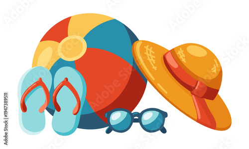 Beach ball, flip flops, sunglasses and sun hat. Summer accessories composition. Vector isolated illustration on white background