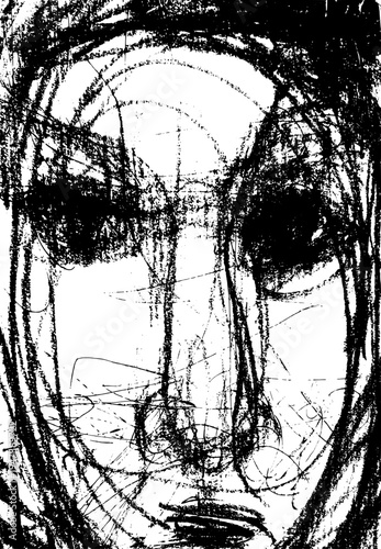 Hand-drawn monochrome pen and pencil drawing of a face with intensely scribbled eyes and chaotic lines