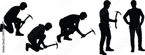 Ice climber silhouettes collection, mountaineer with ice axe poses, climbing action figures set, adventure sport people vector illustration isolated on white background