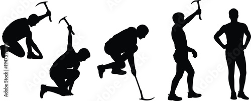 Ice climber silhouettes set, mountaineering activity poses with ice axe, alpine climbing people collection, adventure sport figures, black vector isolated on white