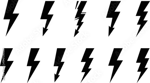 Lightning bolt icon set, thunder symbol collection, electric power sign shapes, energy flash graphics, storm strike design elements, vector silhouette