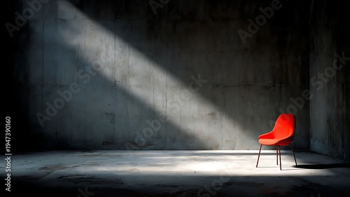 Isolated red chair on a empty concrete room