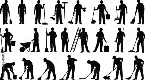 Janitor and sanitation worker silhouettes collection, professional cleaning staff using broom mop bucket and tools, housekeeping and maintenance service vector illustration set