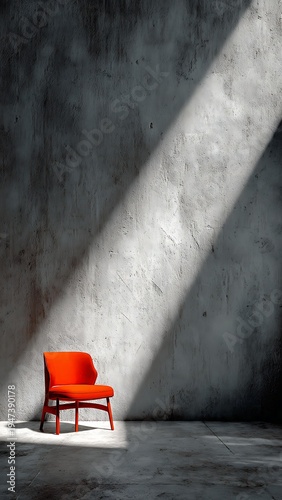 Isolated red chair on a empty concrete room