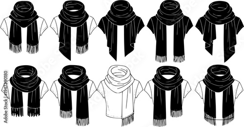 set of women's scarf flat sketch vector illustration cad mock up template