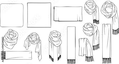 set of women's scarf flat sketch vector illustration cad mock up template