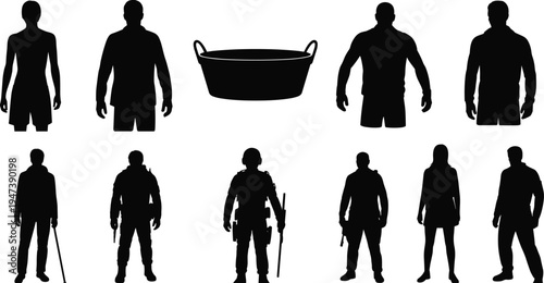 Male and female human body silhouettes with security guard figures and container tub, standing people character collection vector illustration isolated set