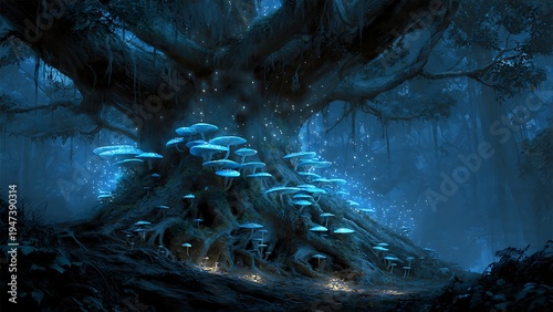Mystical Ancient Tree with Glowing Blue Bioluminescent Mushrooms in Dark Fantasy Forest