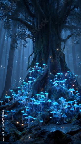Mystical Ancient Tree with Glowing Blue Bioluminescent Mushrooms in Dark Fantasy Forest