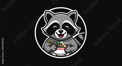 Cartoon raccoon holding ramen bowl