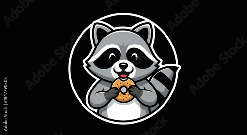 Cartoon raccoon holding a donut on black