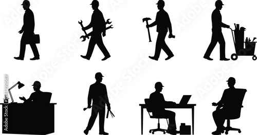 Professional worker silhouettes set showing builder, handyman, technician and office employee with tools, laptop and equipment in different occupations vector illustration